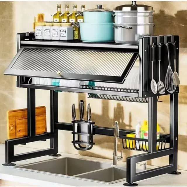 OVER THE SINK LARGE KITCHEN METAL MULTIFUNCTIONAL ADJUSTABLE DISH/PLATE RACK - WITH COVER