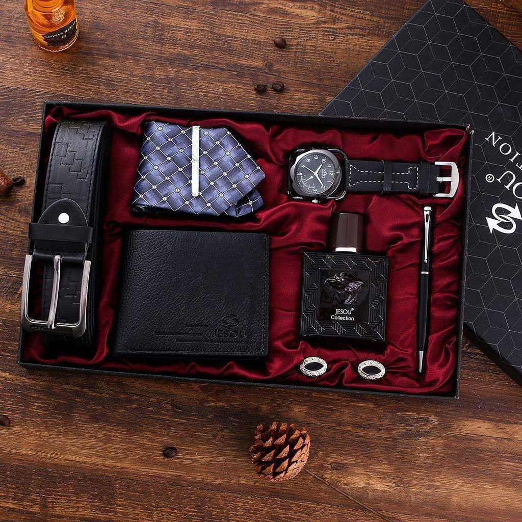 PERFECT MEN GIFT SET•••(QUALITY LEATHER BELT, WRISTWATCH, TIE WITH ADJUSTER, CUFFLINKS, PERFUME, PEN, WALLET)