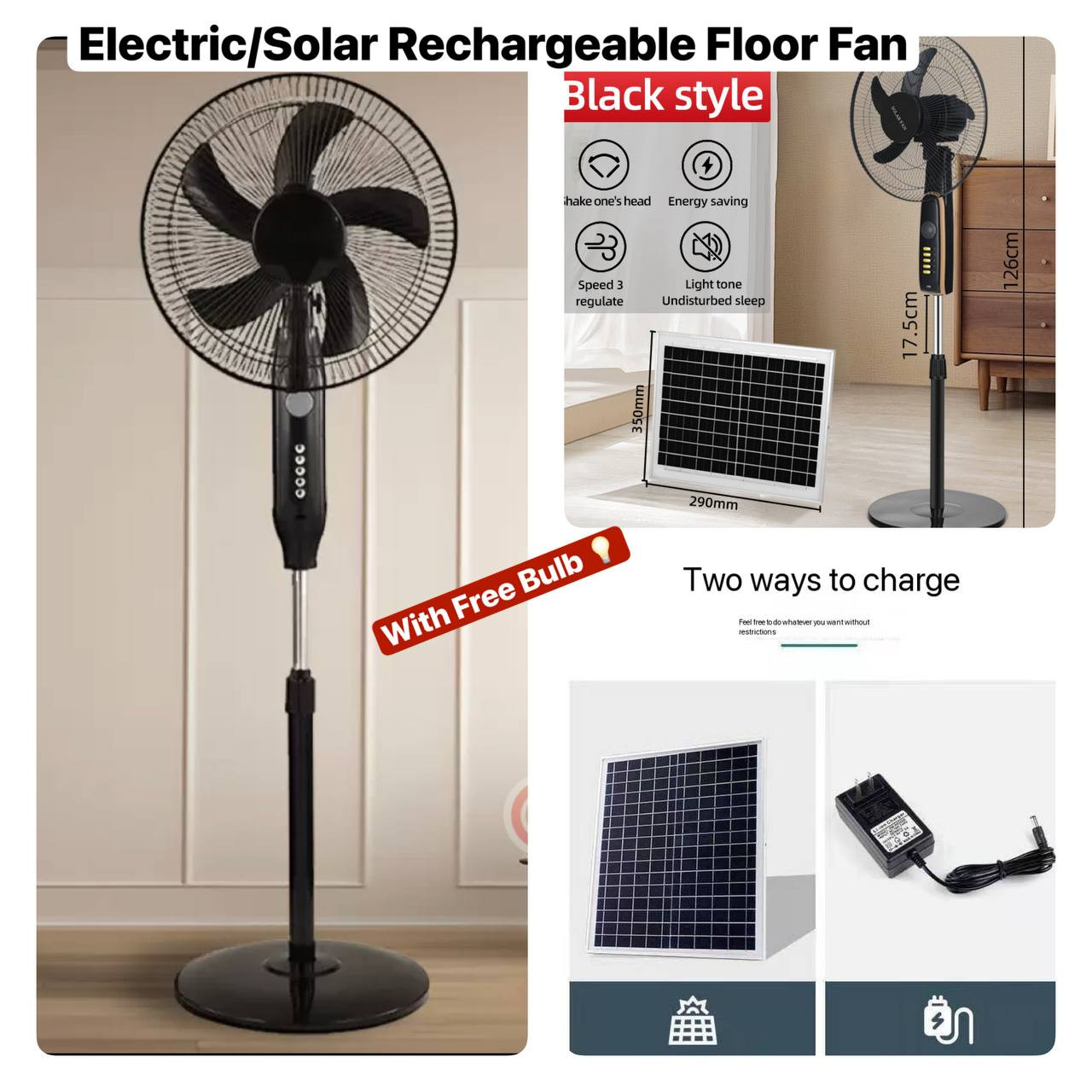 16INCHES ELECTRIC/SOLAR POWERED STURDY RECHARGEABLE FLOOR FAN + EXTRA BULB