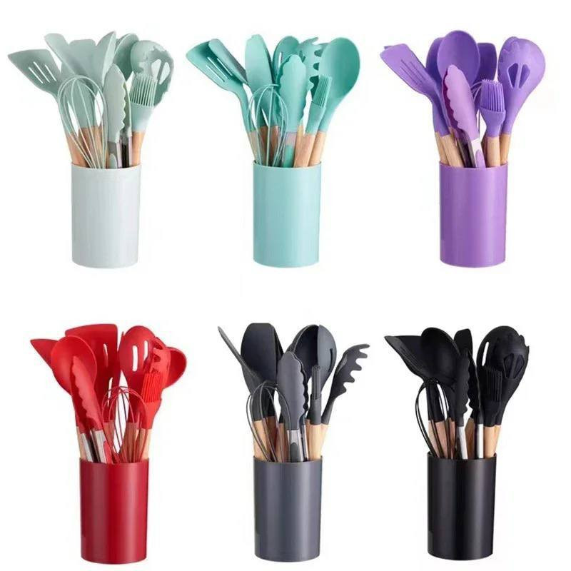 12PCS SILICON NON-STICK COOKING SPOON SET WITH WOODEN HANDLE