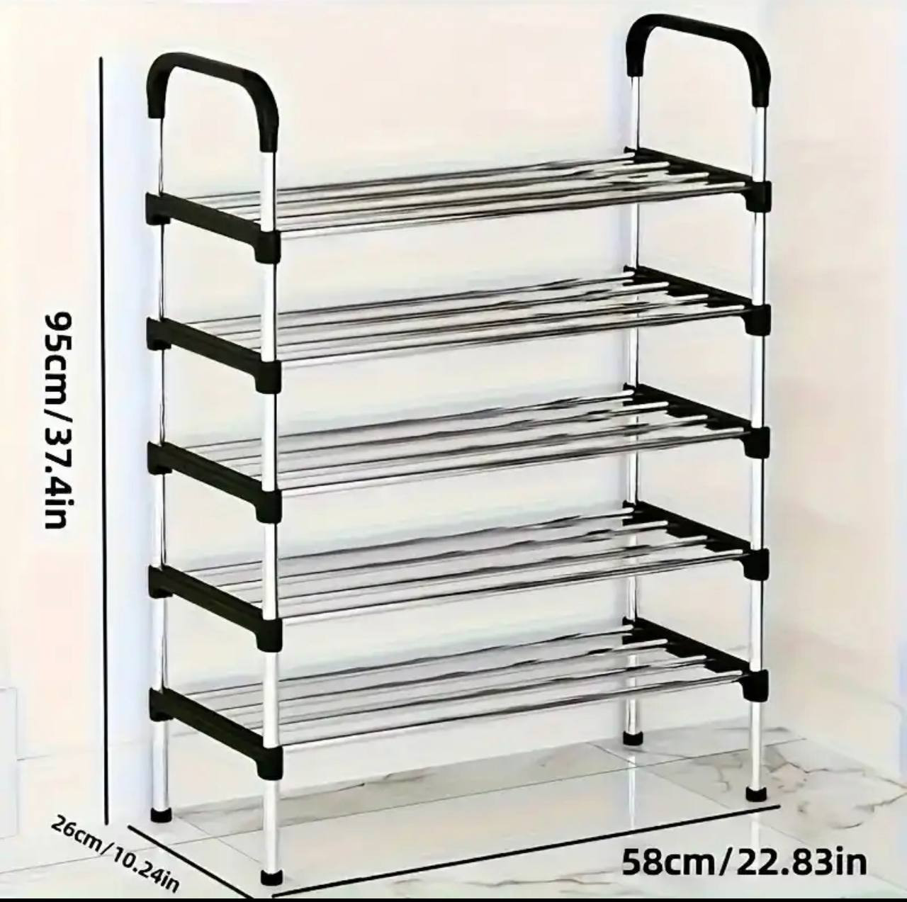 5 STEP STRONG DURABLE SHOE RACK  BLACK/SILVER STEEL