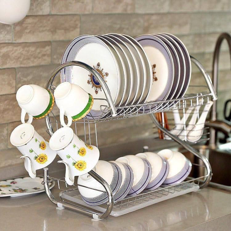 16 INCHES STAINLESS STEEL 2-LAYER PLATE RACK WITH CUP AND SPOON HOLDER